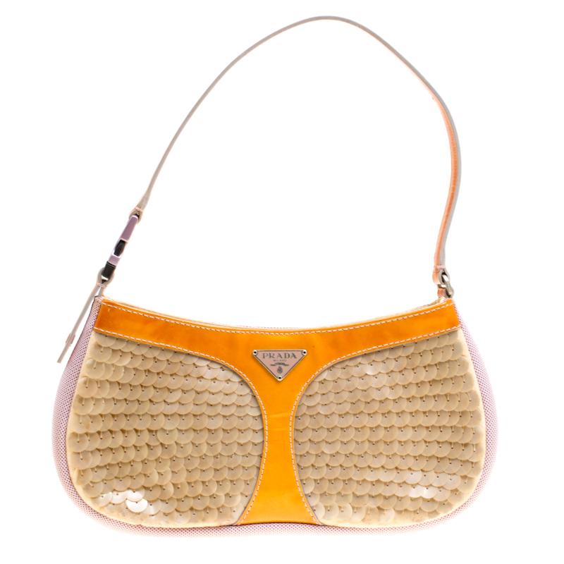 Prada Multicolor Mesh/Sequins and Leather Shoulder Bag For Sale at