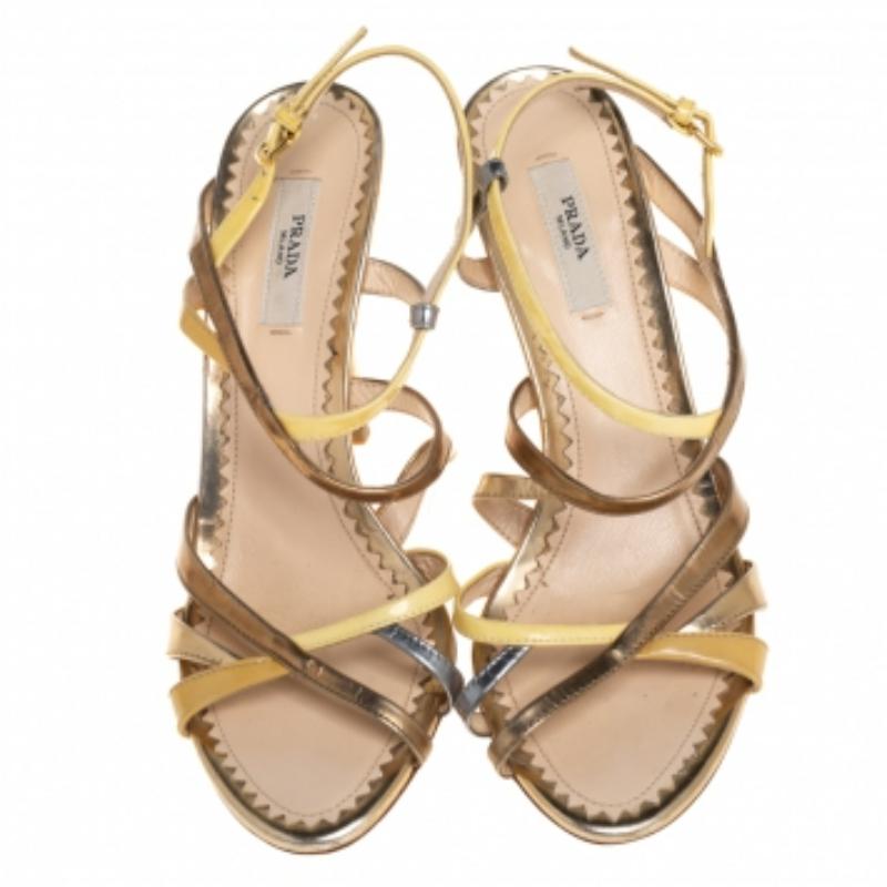 Prada Multicolor Metallic Leather And Patent Strappy Slingback Sandals Size 36.5 For Sale 2
