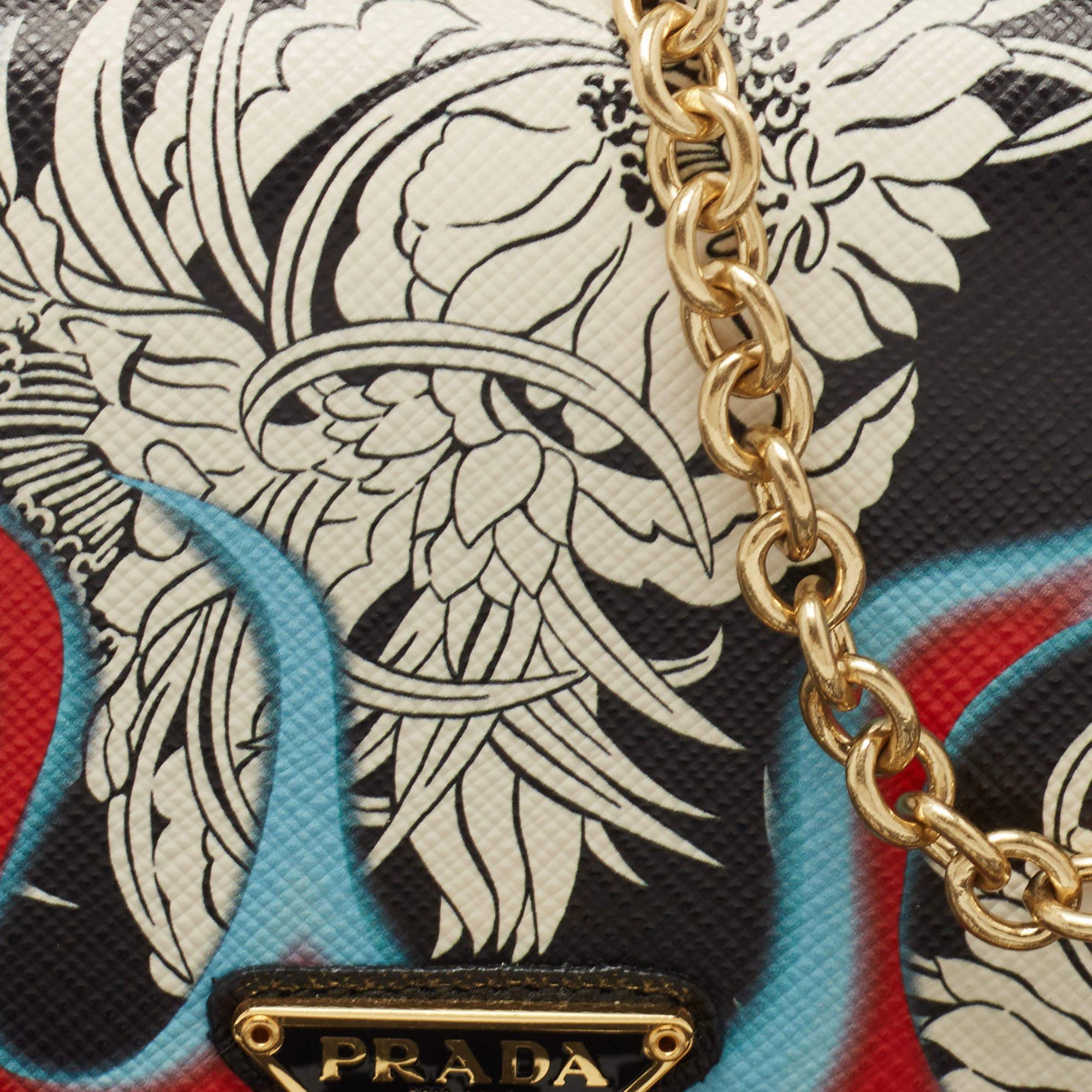 Prada Multicolor Printed Saffiano Leather Triangle Logo Flap Chain Clutch 2