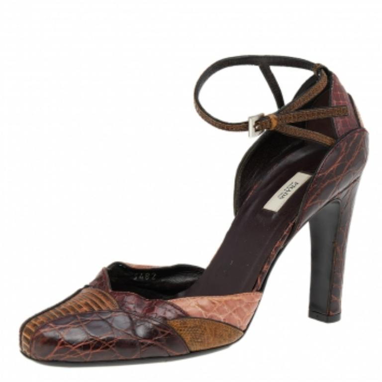 Donna Prada Sandali con cinturino alla caviglia in pelle di pitone e pelle goffrata multicolore misura 38 in vendita