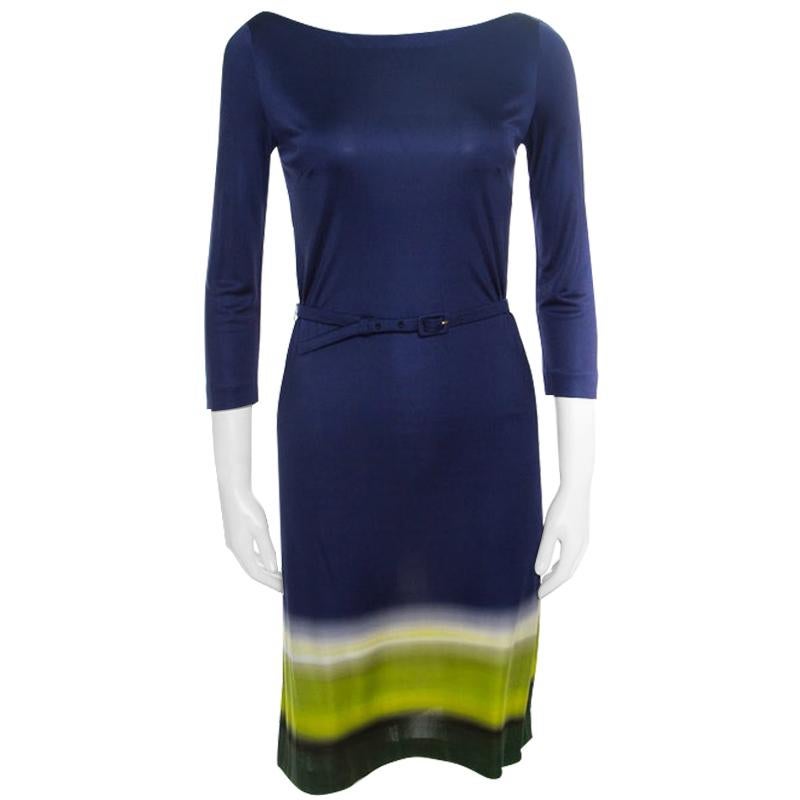 Prada Multicolor Silk Jersey Long Sleeve Belted Dress S