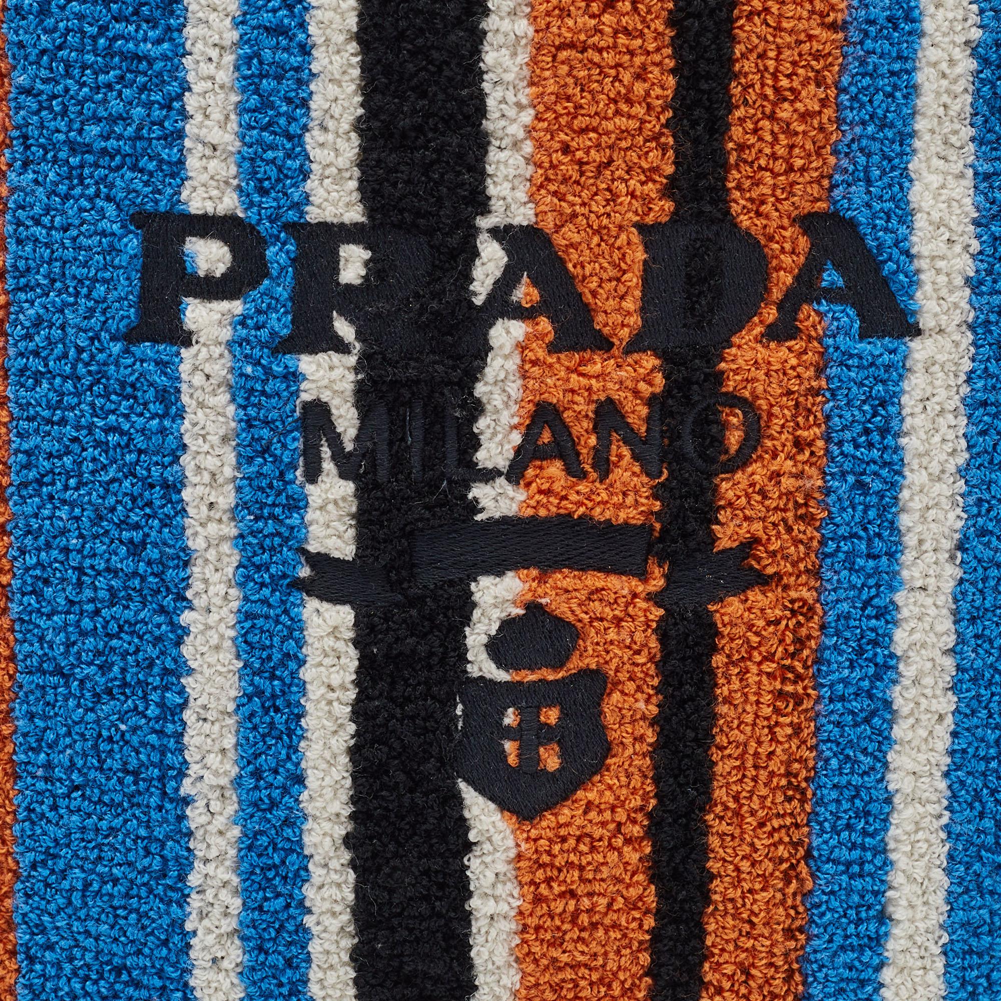 Black Prada Multicolor Stripe Terry Fabric Embroidered Logo Tote