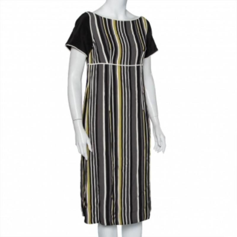 Black Prada Multicolor Striped Crepe Midi Dress M For Sale