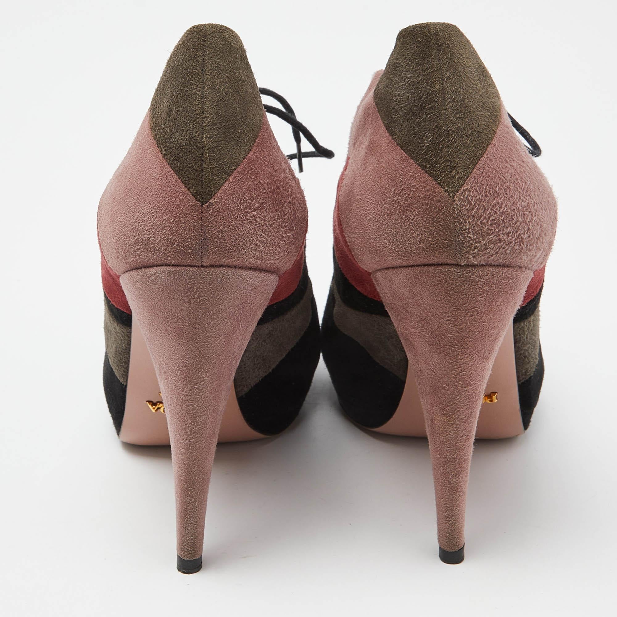 Prada Multicolor Suede Lace Up Platform Booties Size 36.5 In Good Condition For Sale In Dubai, Al Qouz 2