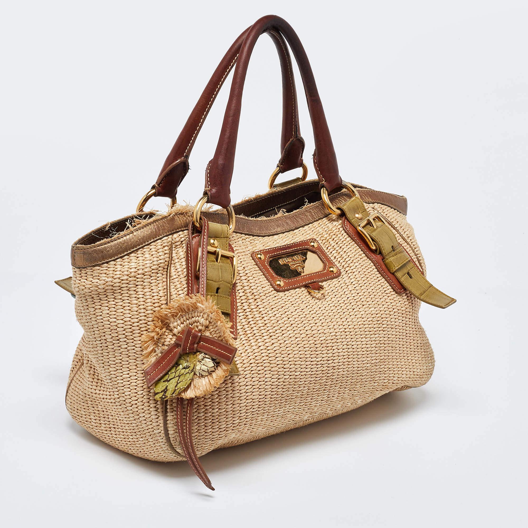 Brown Prada Multicolor Woven Raffia and Leather Tote