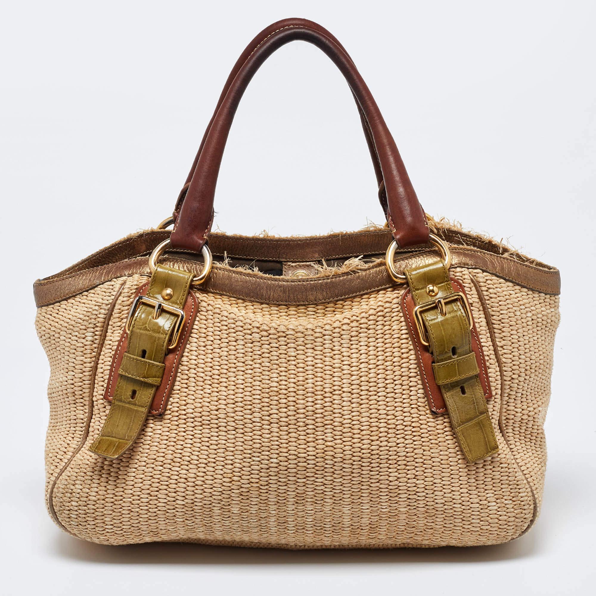Prada Multicolor Woven Raffia and Leather Tote In Fair Condition In Dubai, Al Qouz 2
