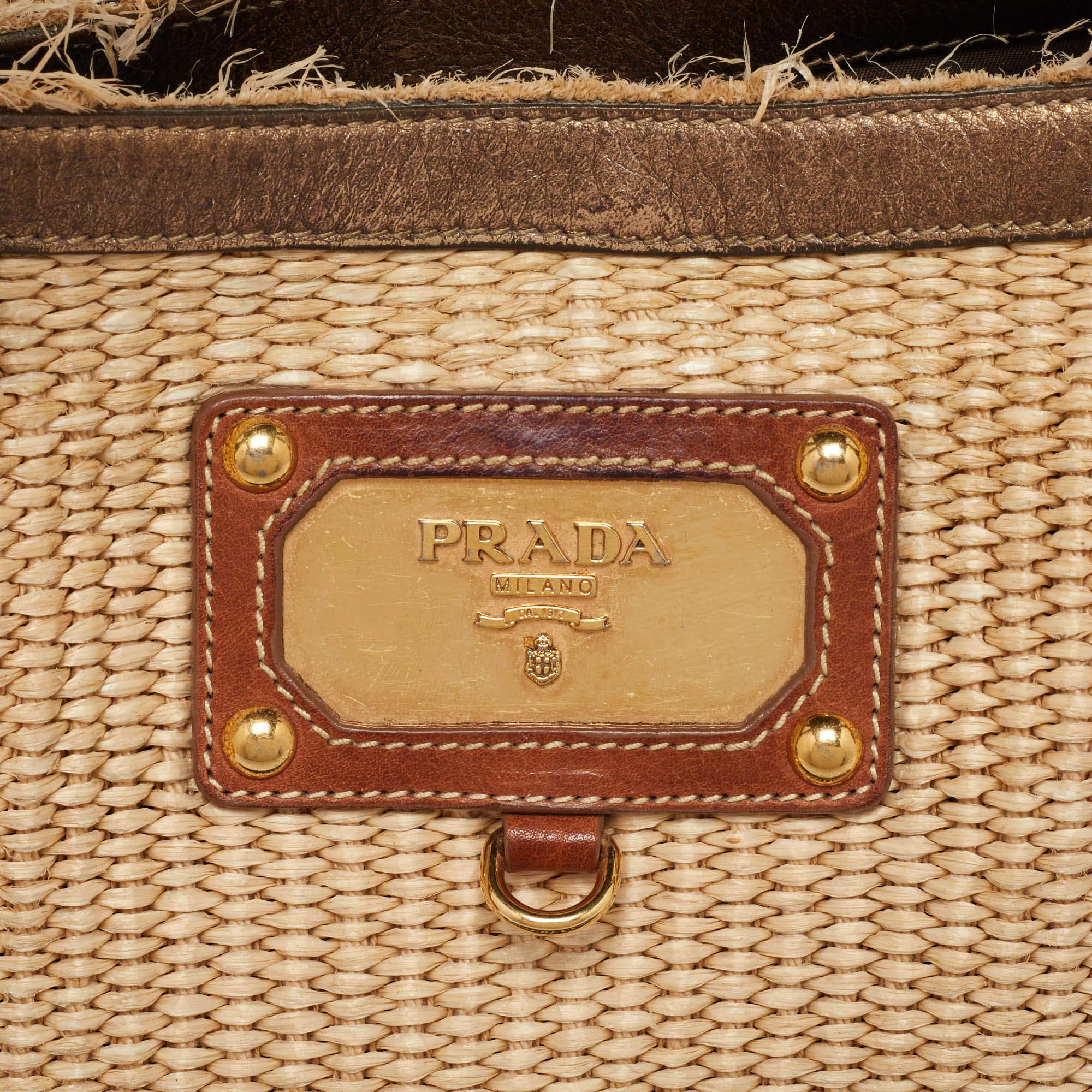 Women's Prada Multicolor Woven Raffia and Leather Tote