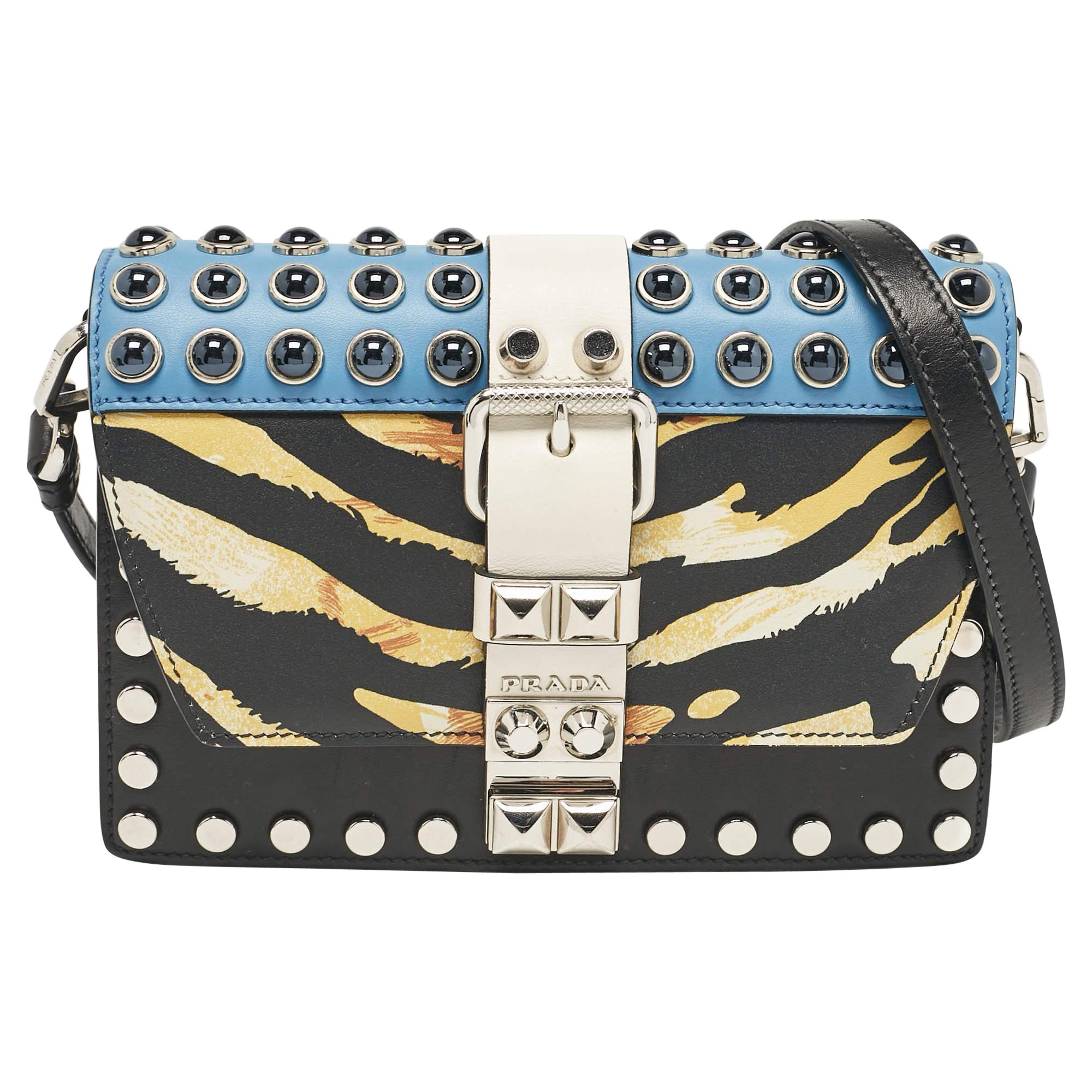 Prada Multicolor Zebra Print Leather Elektra Studded Shoulder Bag