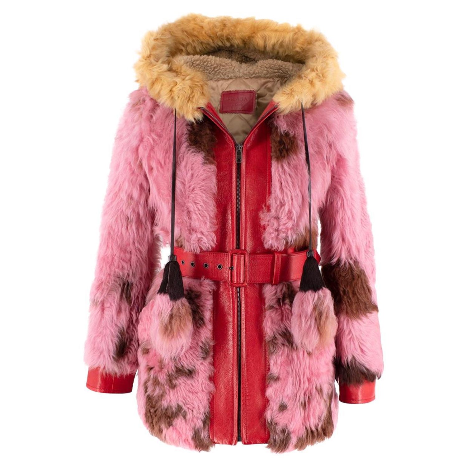Prada Multicolour Shearling and Red Leather Hooded Jacket - US 0/2 For Sale  at 1stDibs