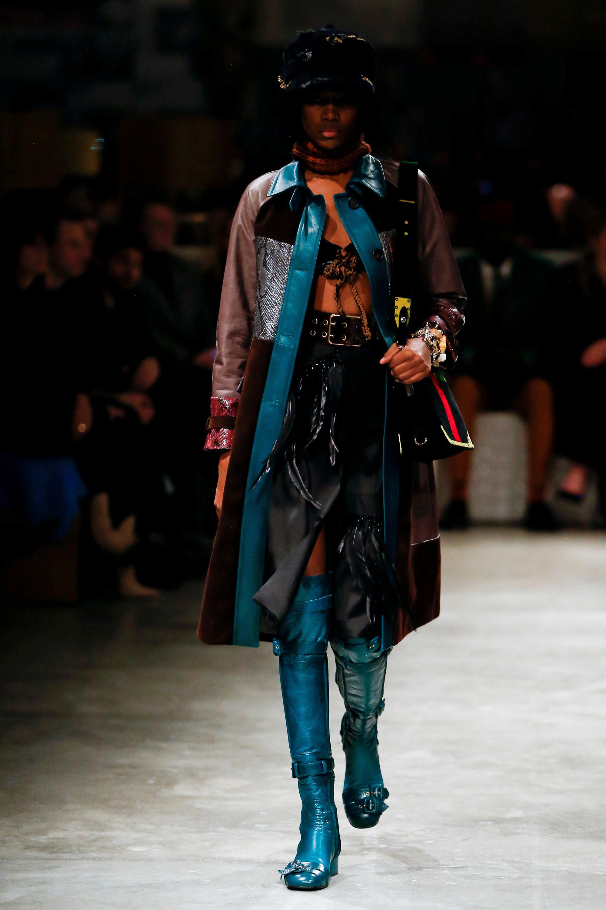 Black Prada multicoloured patchwork leather and python coat and hat, fw 2017