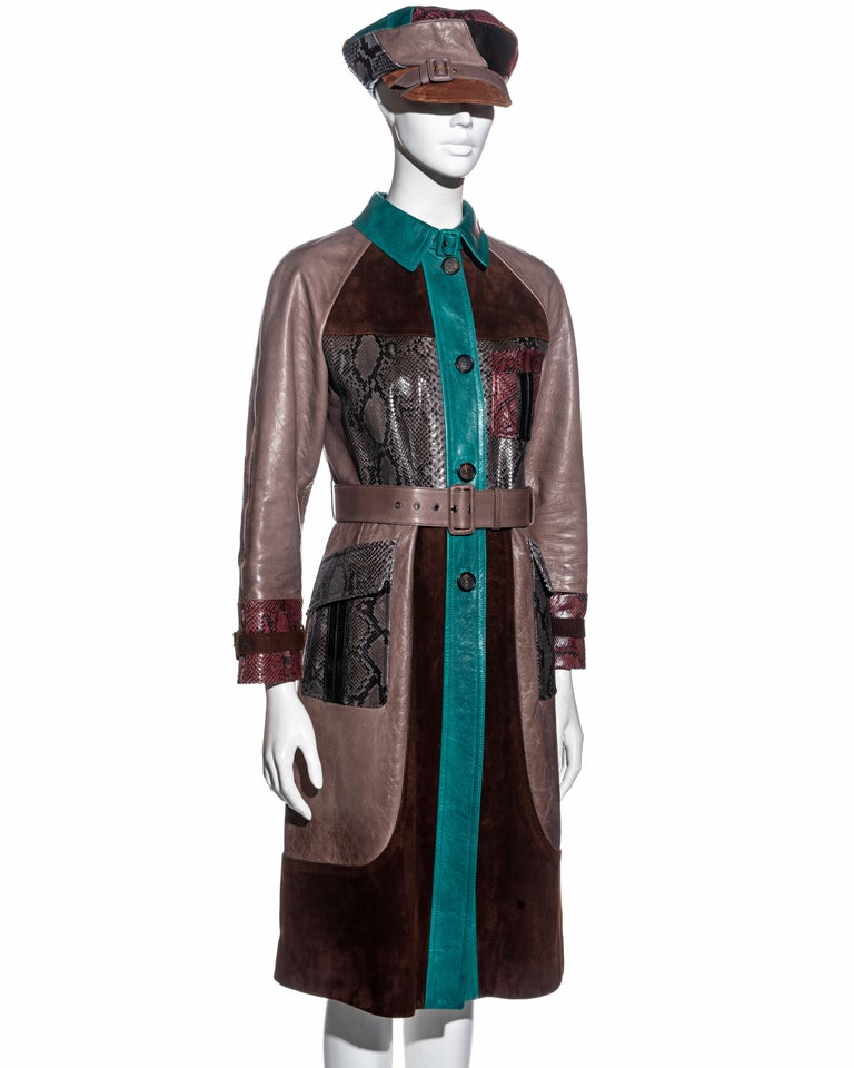 Prada multicoloured patchwork leather and python coat and hat, fw 2017 For Sale 1