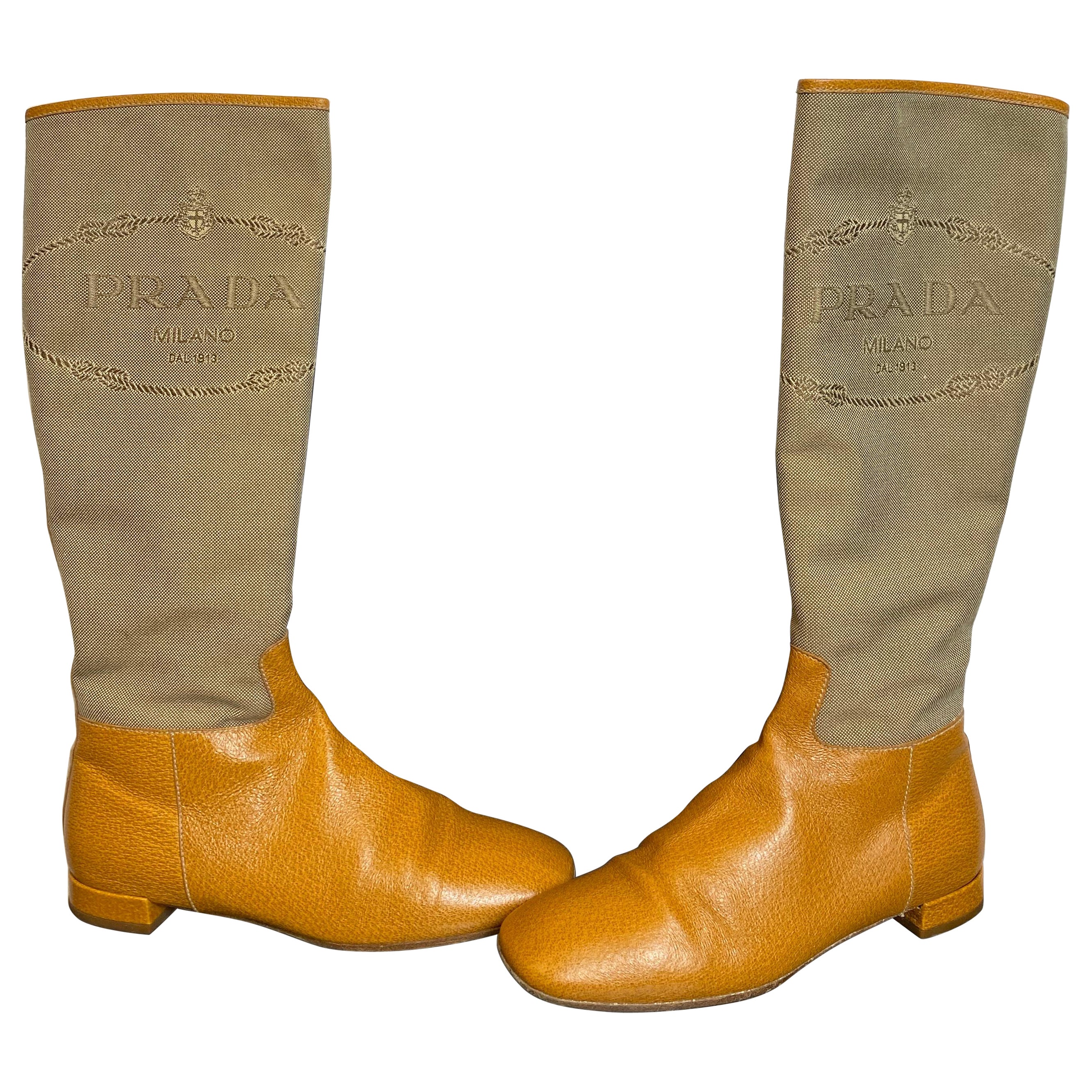 Prada mustard and beige fabric and leather boots
