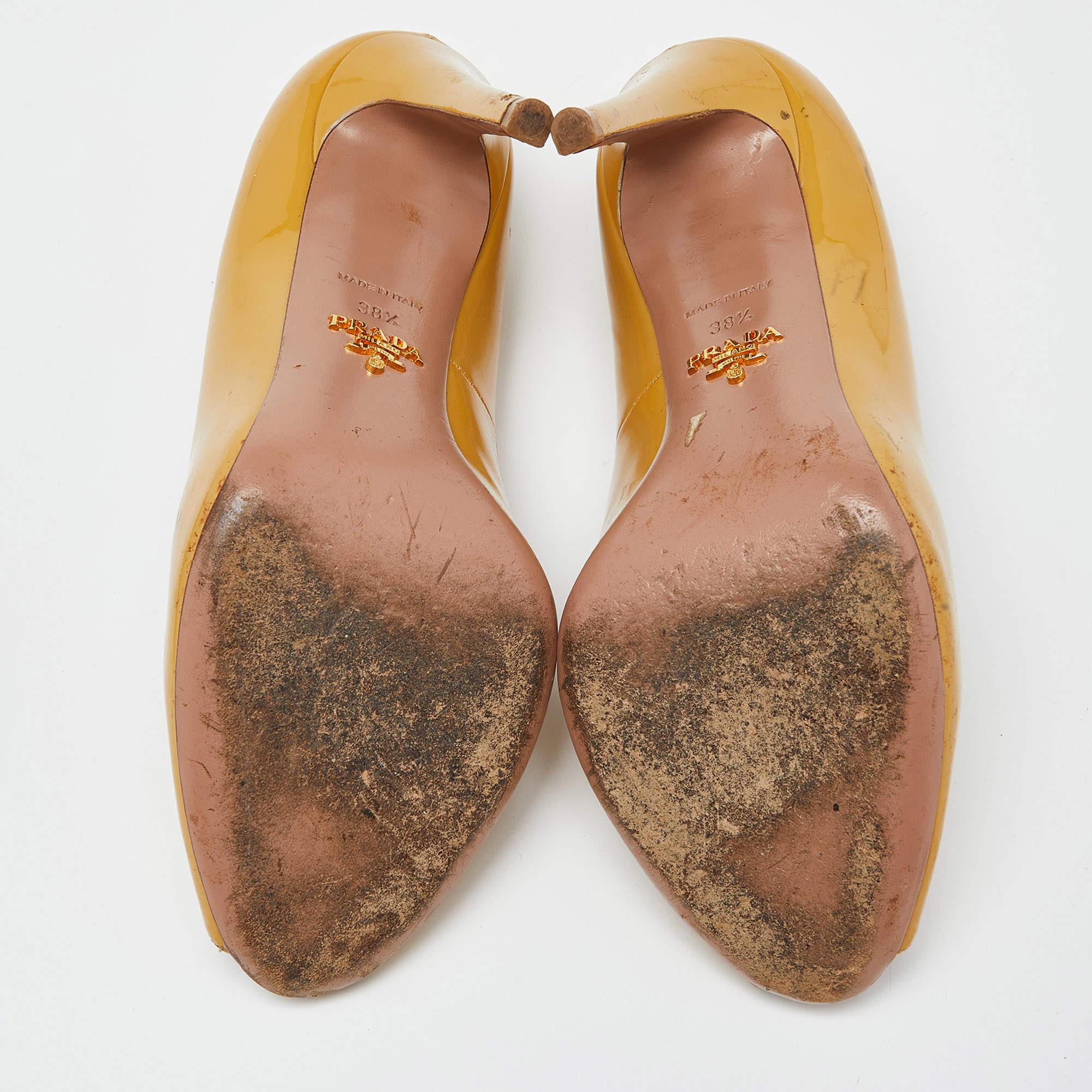Prada Mustard Patent Leather Peep Toe Pumps Size 38.5 For Sale 1