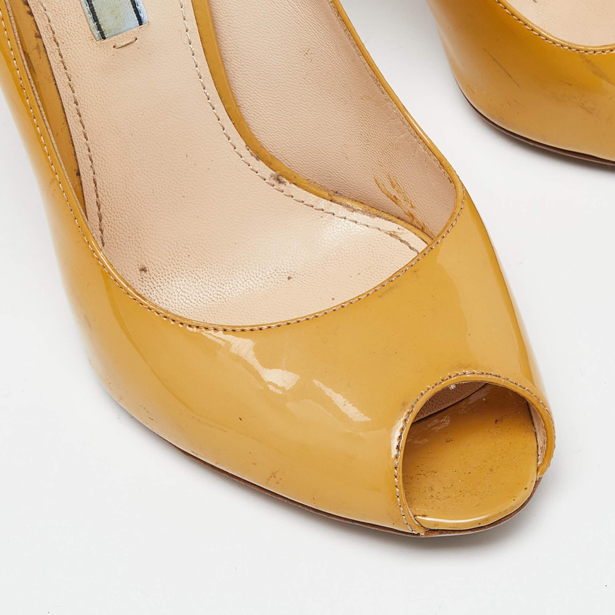Prada Mustard Patent Leather Peep Toe Pumps Size 38.5 For Sale 2