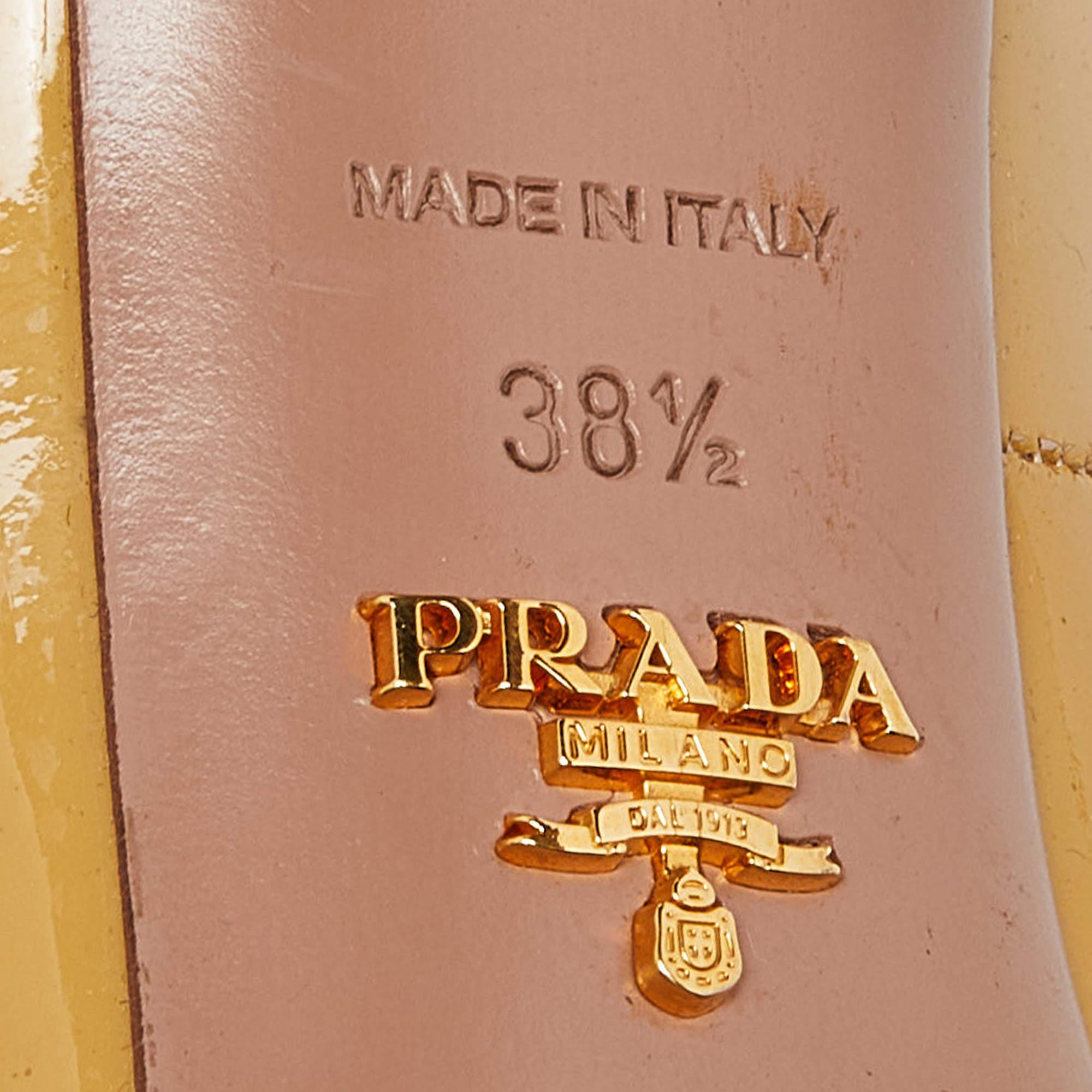 Prada Mustard Patent Leather Peep Toe Pumps Size 38.5 For Sale 3