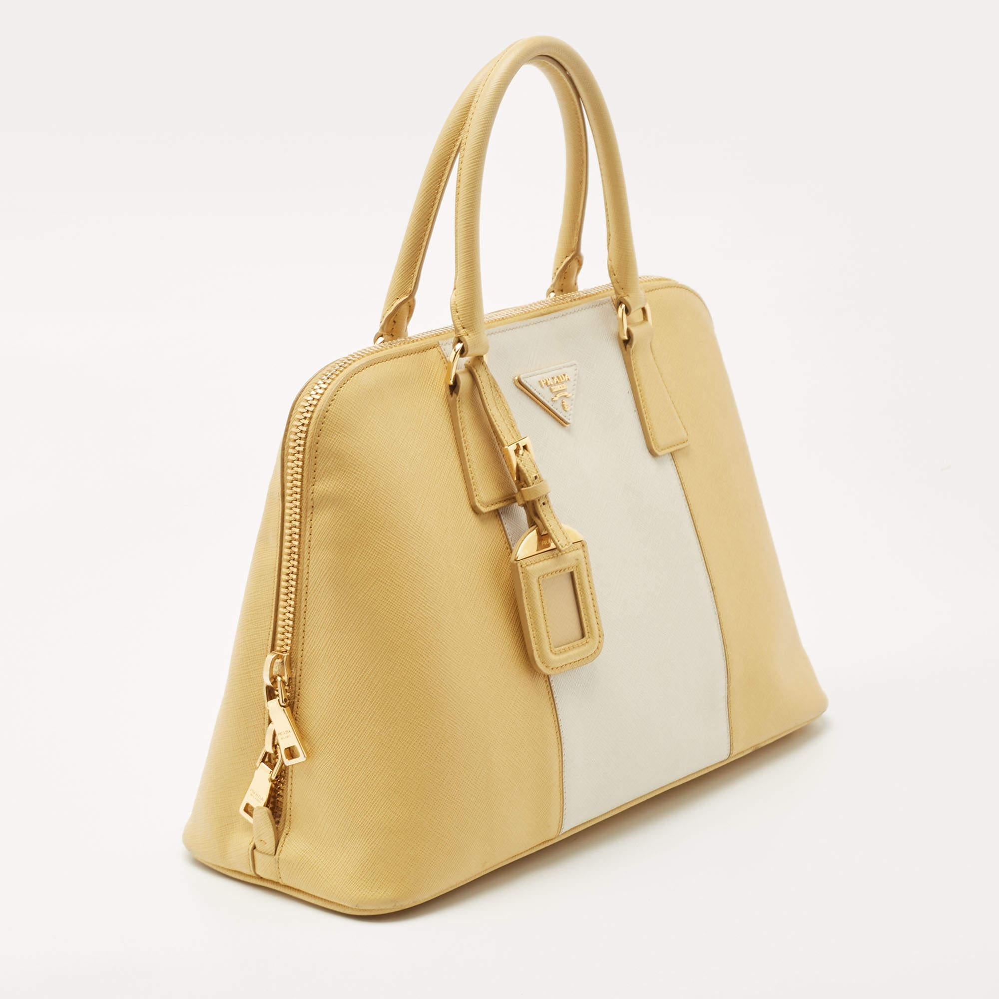 Women's Prada Mustard/White Saffiano Lux Leather Large Promenade Satchel