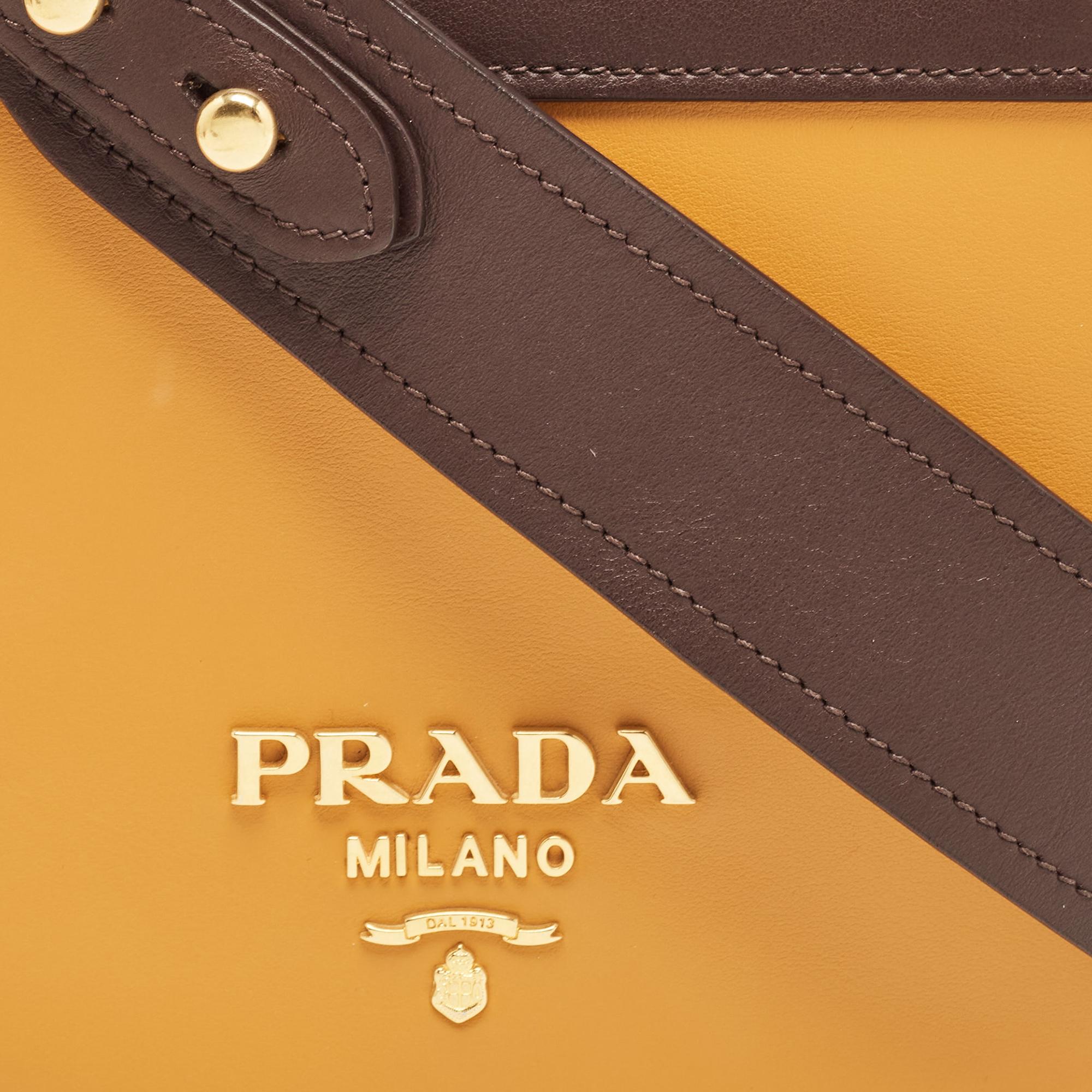 Prada Mustard Yellow/Choco Brown Leather Pionniere Saddle Bag 4