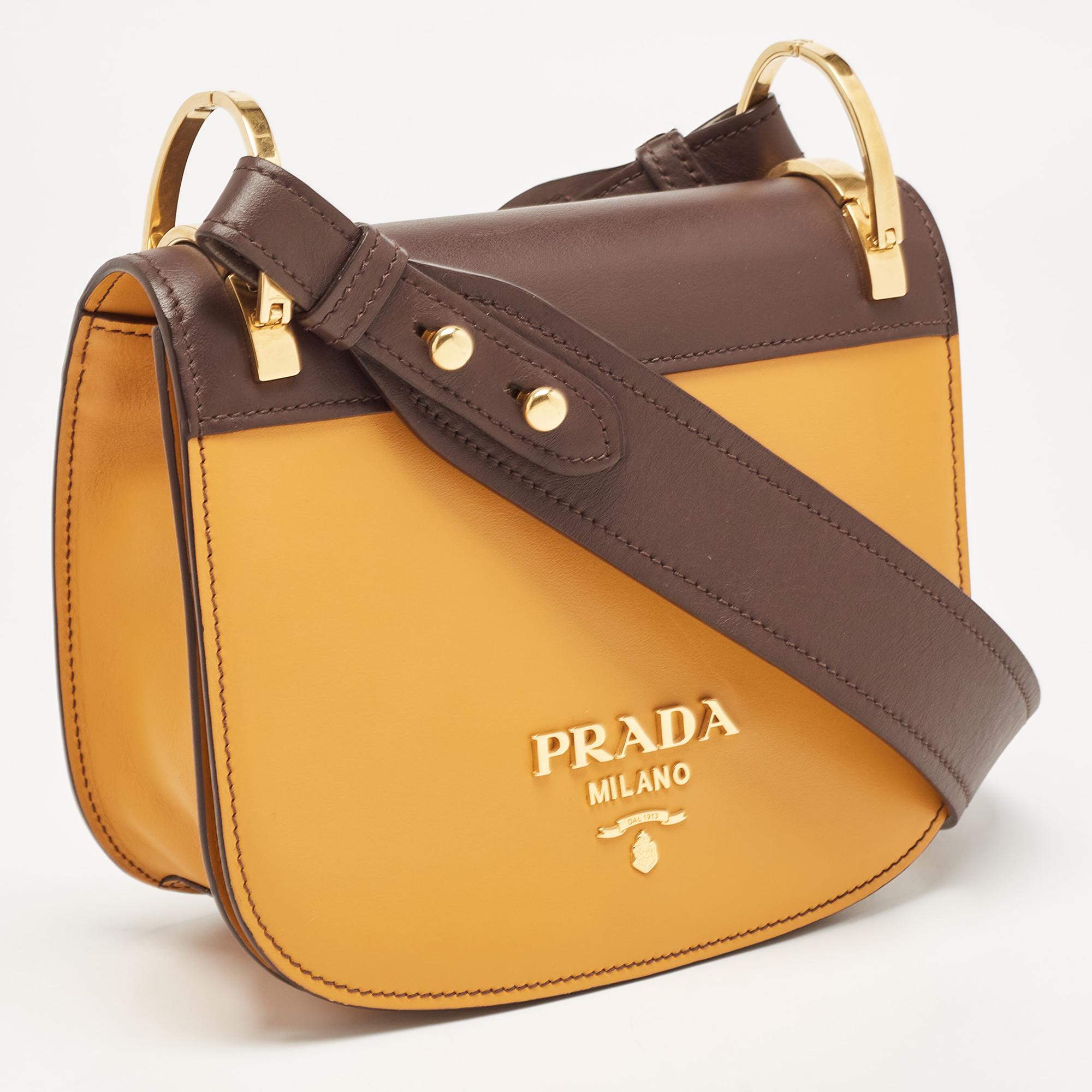 Prada Mustard Yellow/Choco Brown Leather Pionniere Saddle Bag 5
