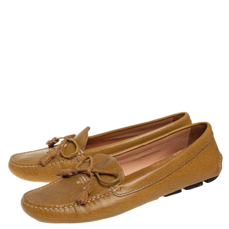 Prada Mustard Yellow Leather Tassel Bow Slip On Loafers Size 41 at 1stDibs