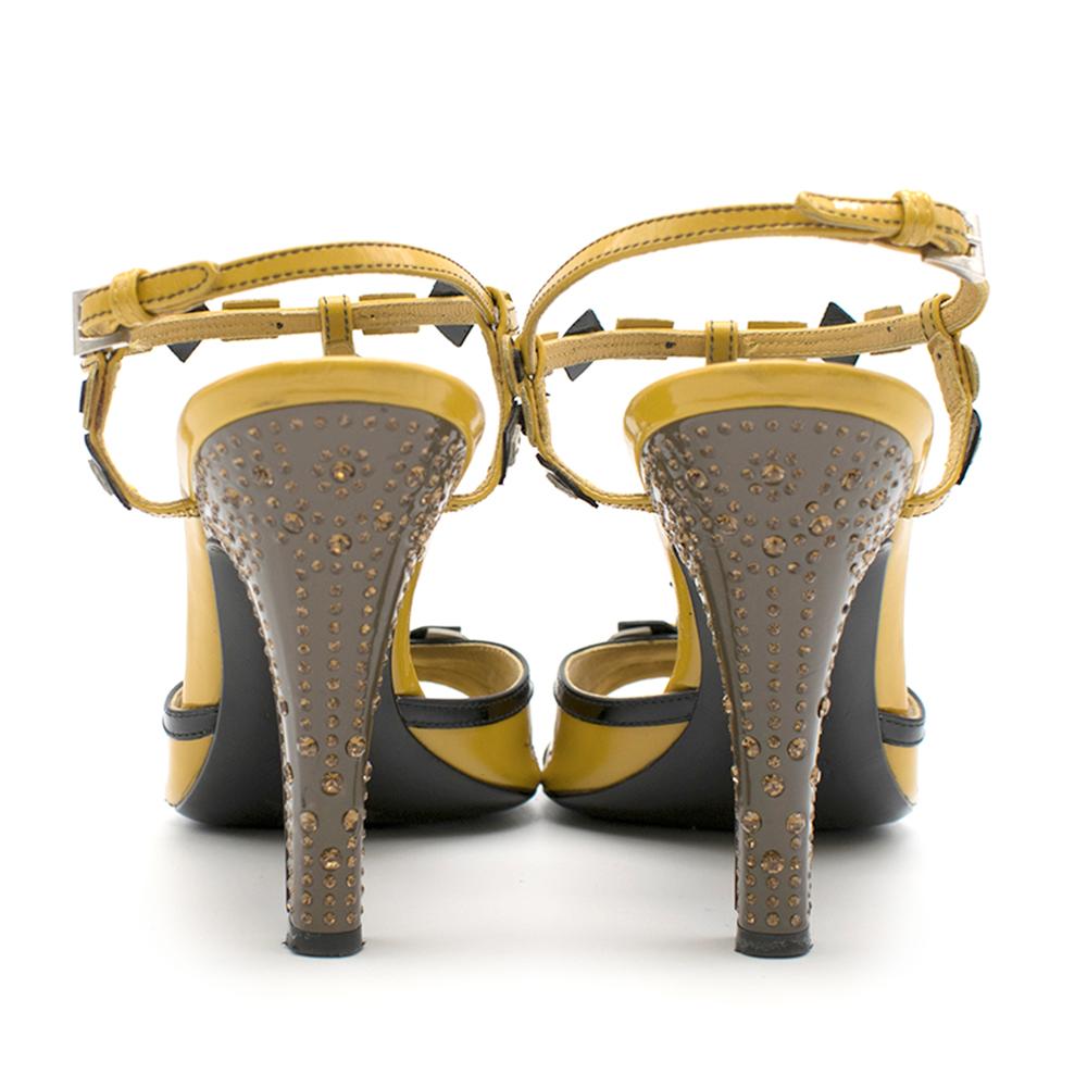 Prada mustard yellow patent embellished heel sandals 39.5 In Excellent Condition In London, GB