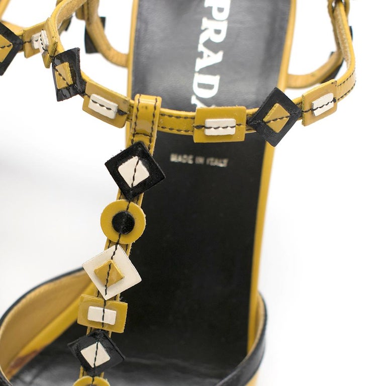 Prada White & Yellow Dice Patent Leather T-strap Sandals