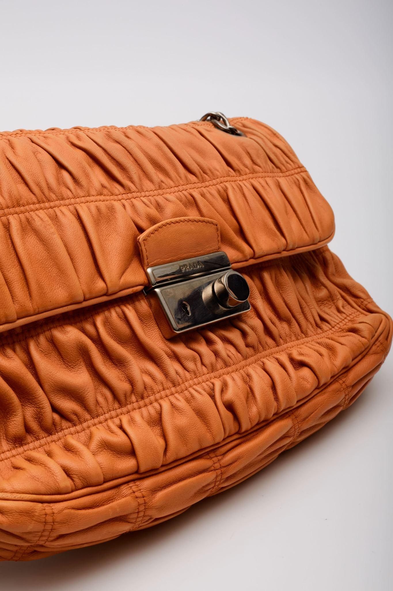Prada Nappa Gaufre Leather Orange Sound Chain Shoulder Bag For Sale 3