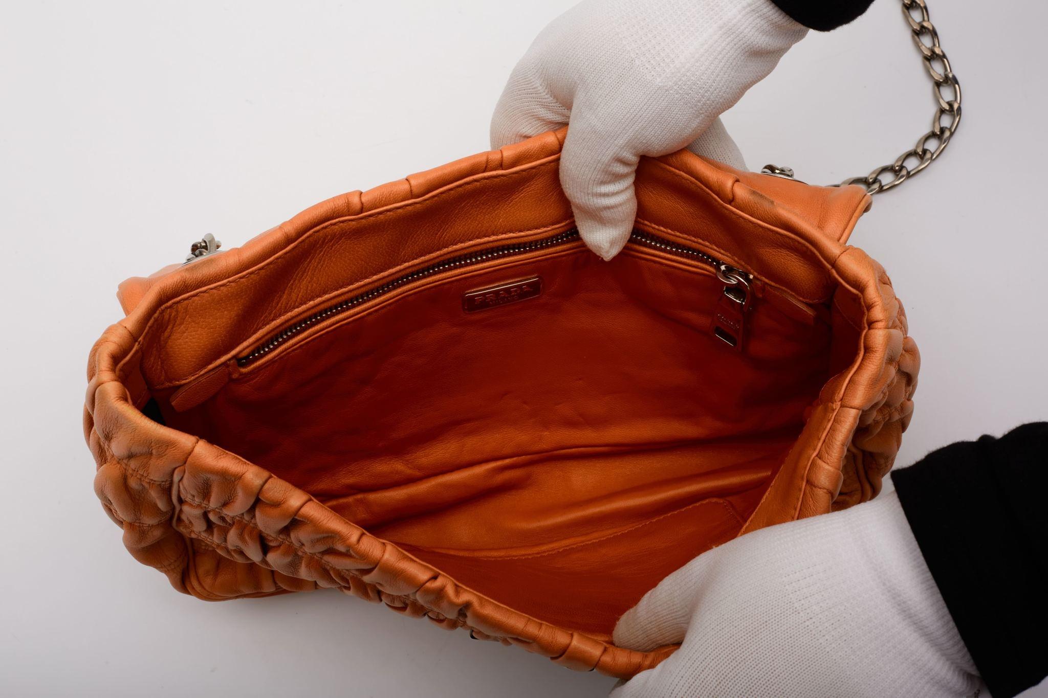 Prada Nappa Gaufre Leather Orange Sound Chain Shoulder Bag For Sale 5
