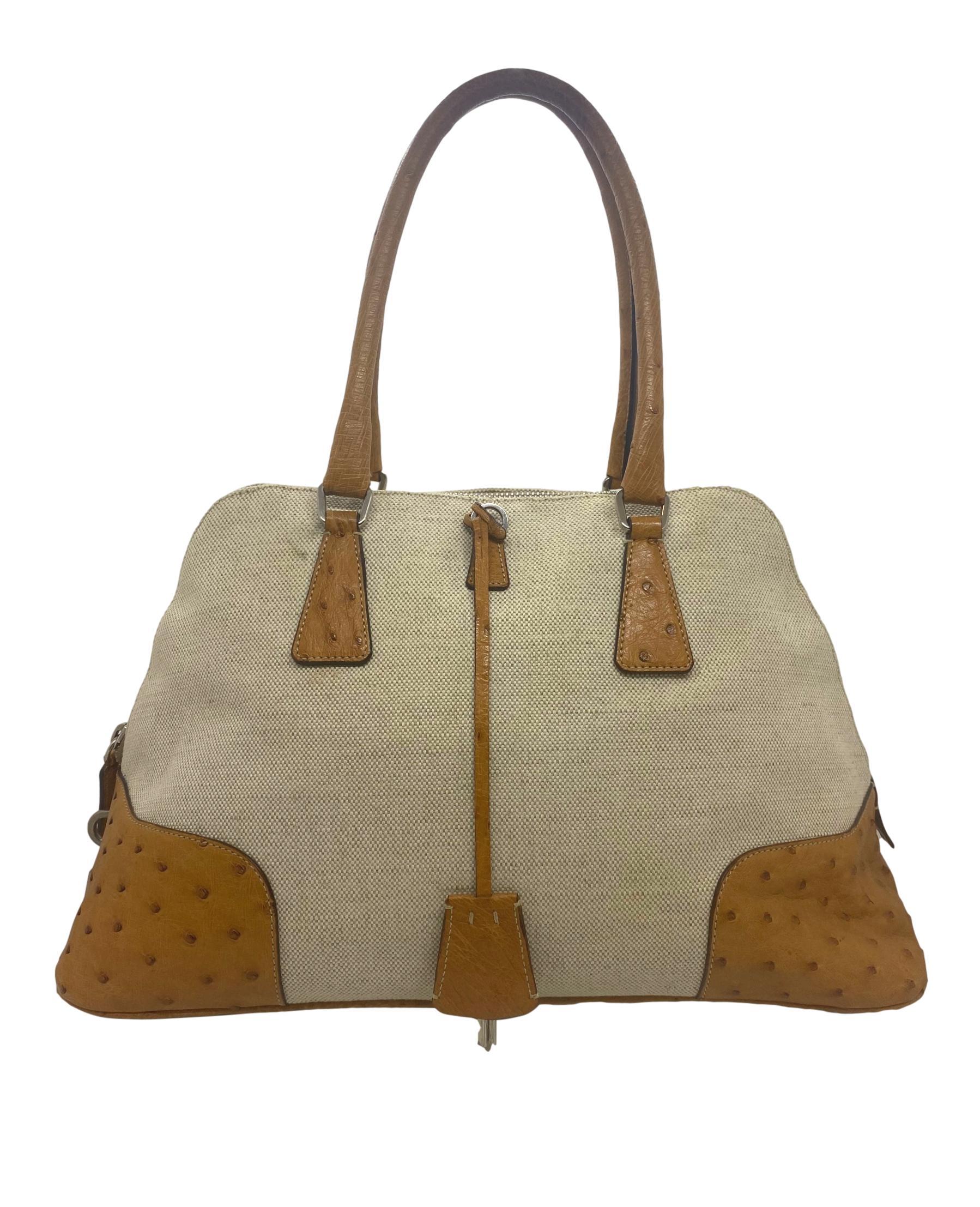 Prada Natural Canvas Cognac Ostrich Trimmed Bowling Top Handle Handbag, 2000. Founded by Mario Prada in 1913, Prada's flagship location opened in the Galleria Vittorio Emanuele II in Milan, the world's oldest shopping mall. By 1919, Prada officially