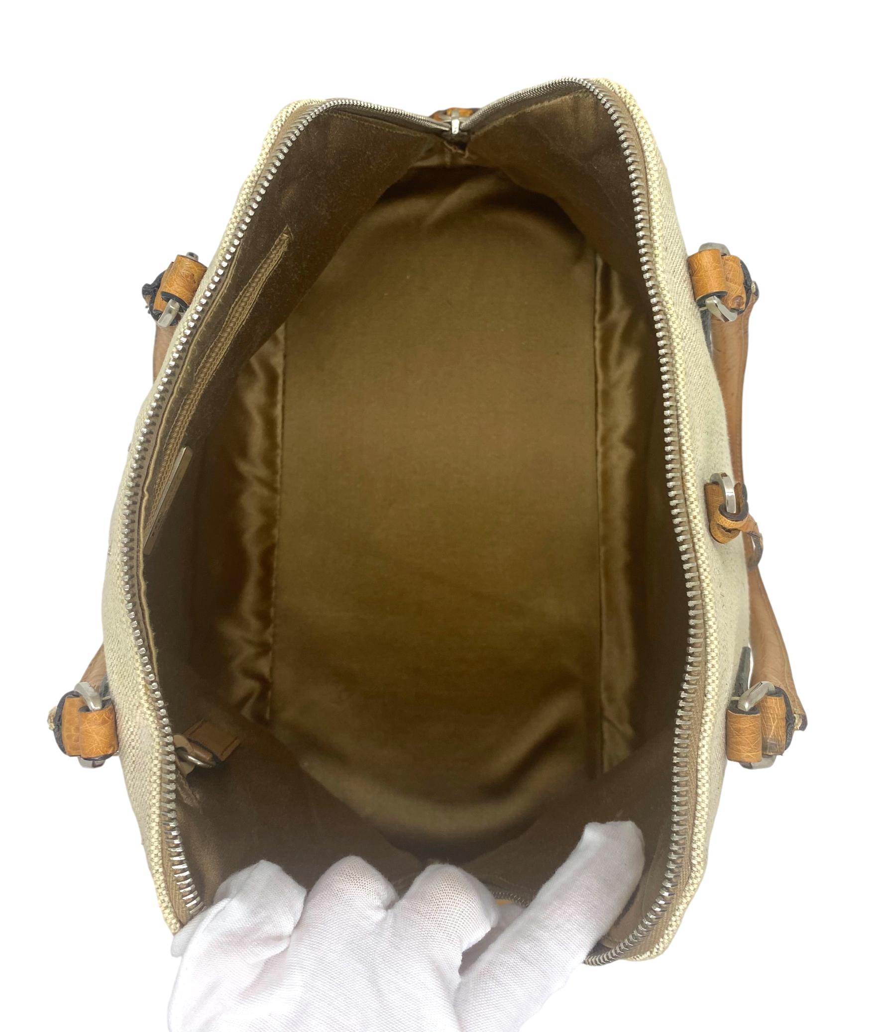 Brown Prada Natural Canvas Cognac Ostrich Trimmed Bowling Top Handle Handbag, 2000.