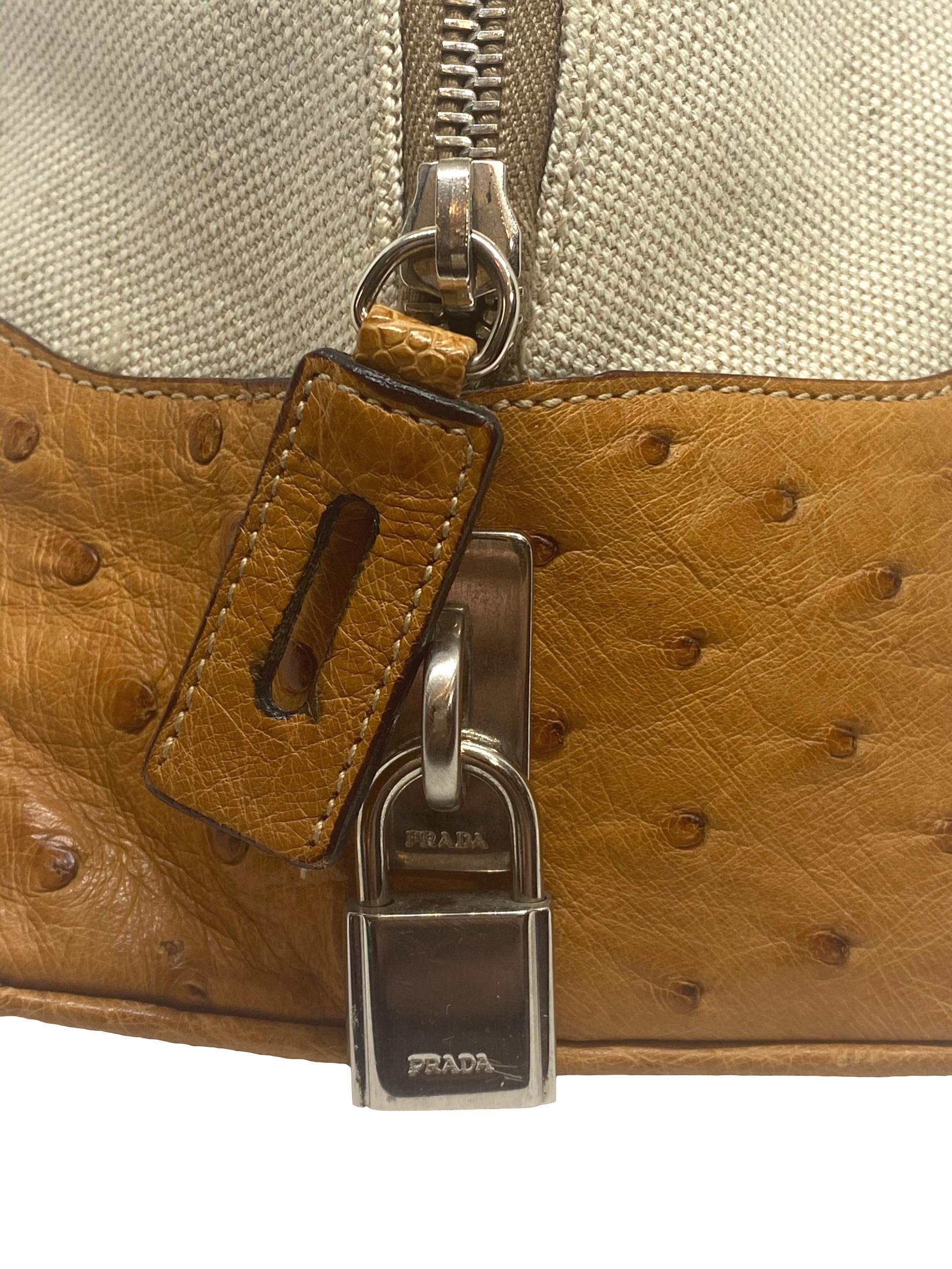 Prada Natural Canvas Cognac Ostrich Trimmed Bowling Top Handle Handbag, 2000. In Good Condition In Banner Elk, NC