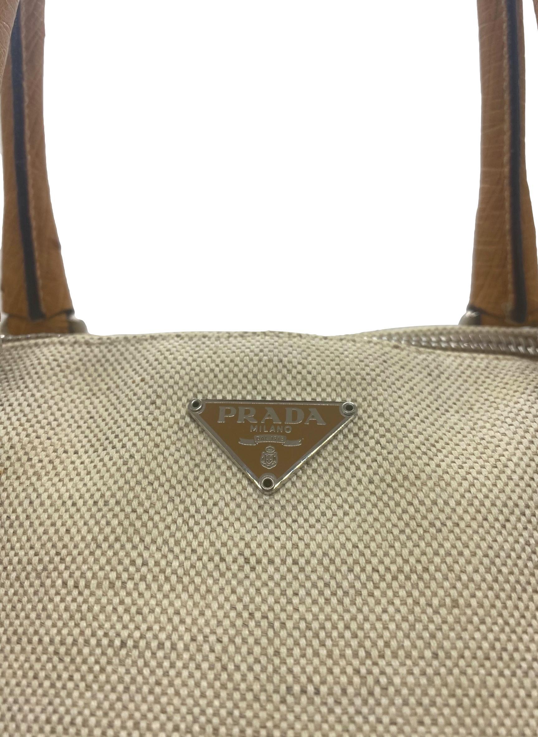 Women's or Men's Prada Natural Canvas Cognac Ostrich Trimmed Bowling Top Handle Handbag, 2000.