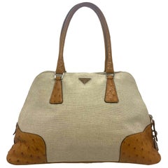 Prada Natural Canvas Cognac Ostrich Trimmed Bowling Top Handle Handbag, 2000.