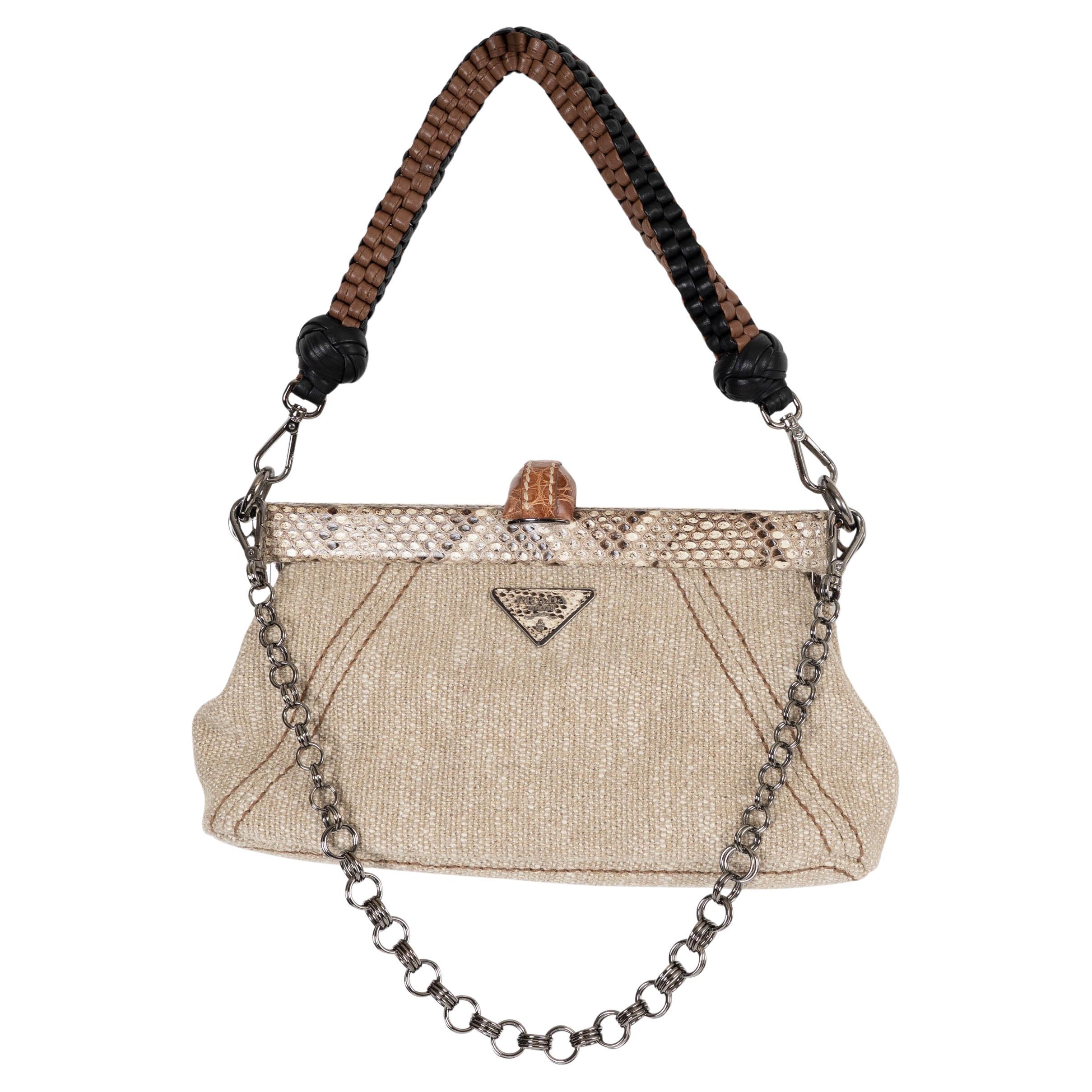 PRADA Borsa a spalla LINO TWIST 2012 in tela di lino naturale con telaio