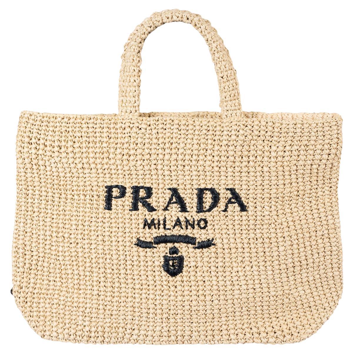 PRADA natural raffia LOGO CROCHET LARGE Tote Bag For Sale