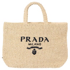 PRADA natural raffia LOGO CROCHET LARGE Tote Bag