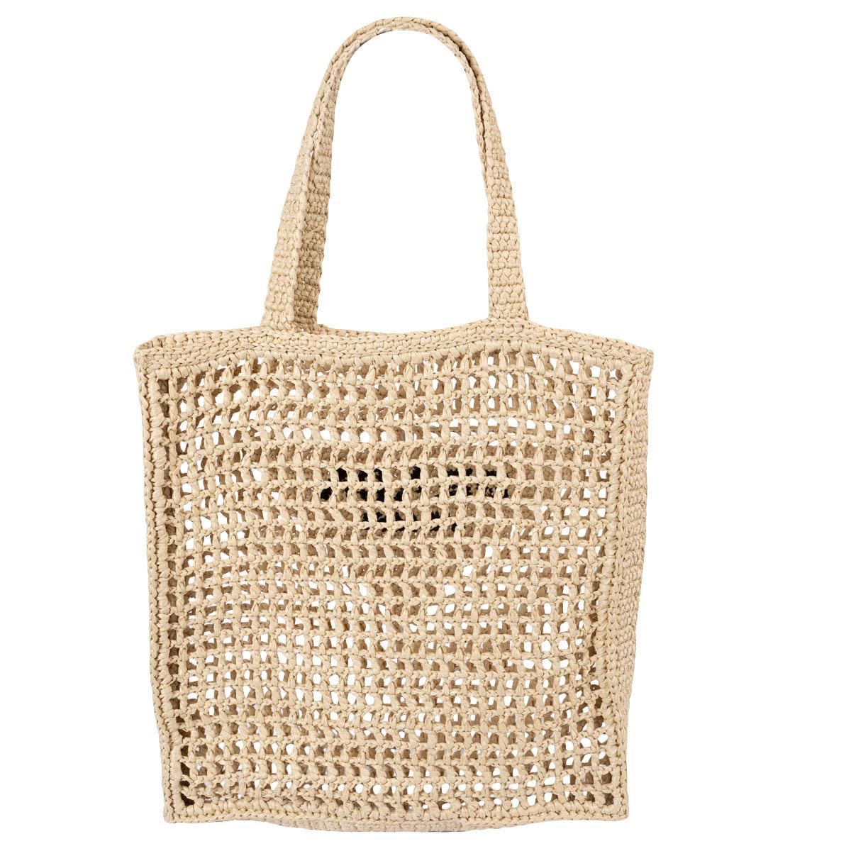 100% authentic Prada tote bag in beige raffia-effect yarn. A new interpretation of Prada's emblematic triangle decorates the front and is embellished at its center with the embroidered lettering logo. Unlined. Brand new.