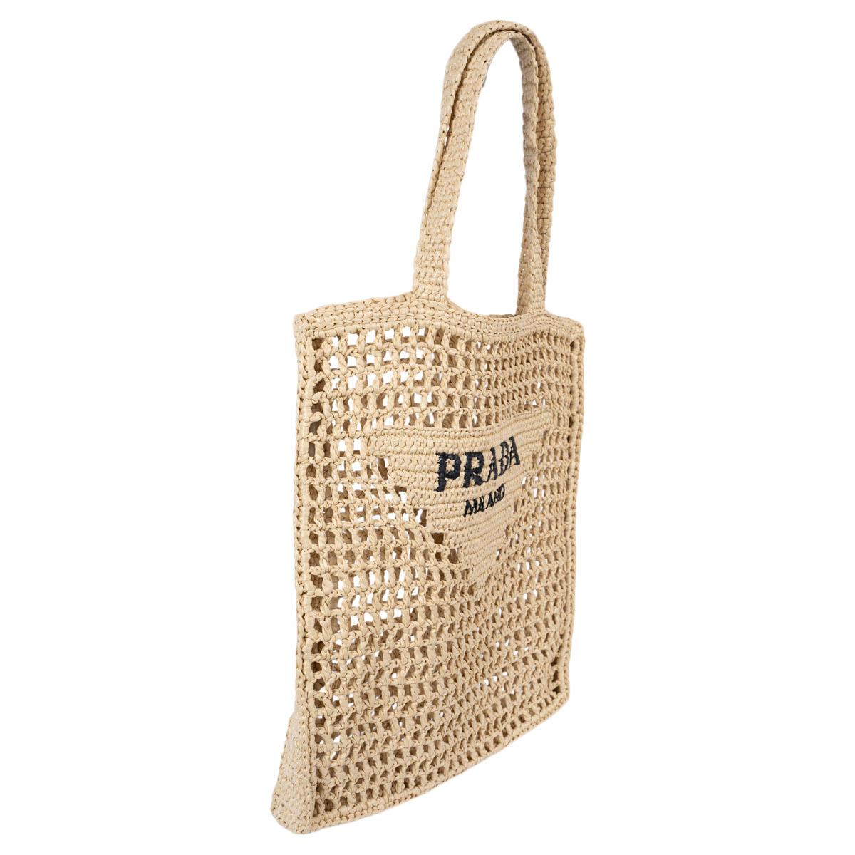 Women's PRADA natural raffia LOGO CROCHET Tote Bag For Sale