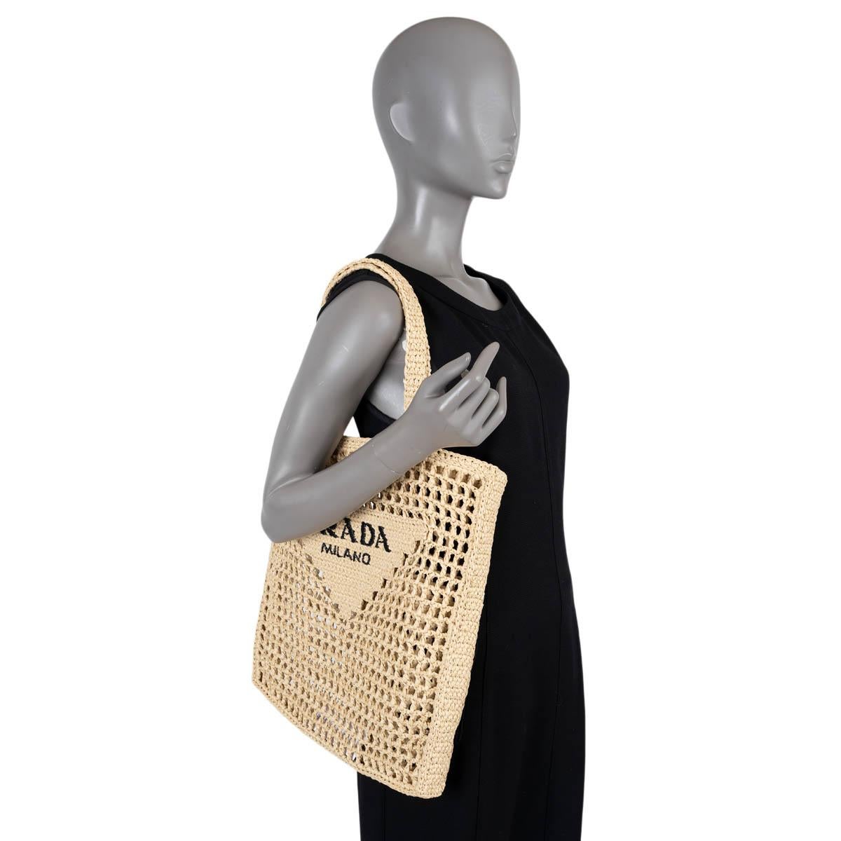 PRADA natural raffia LOGO CROCHET Tote Bag For Sale 5