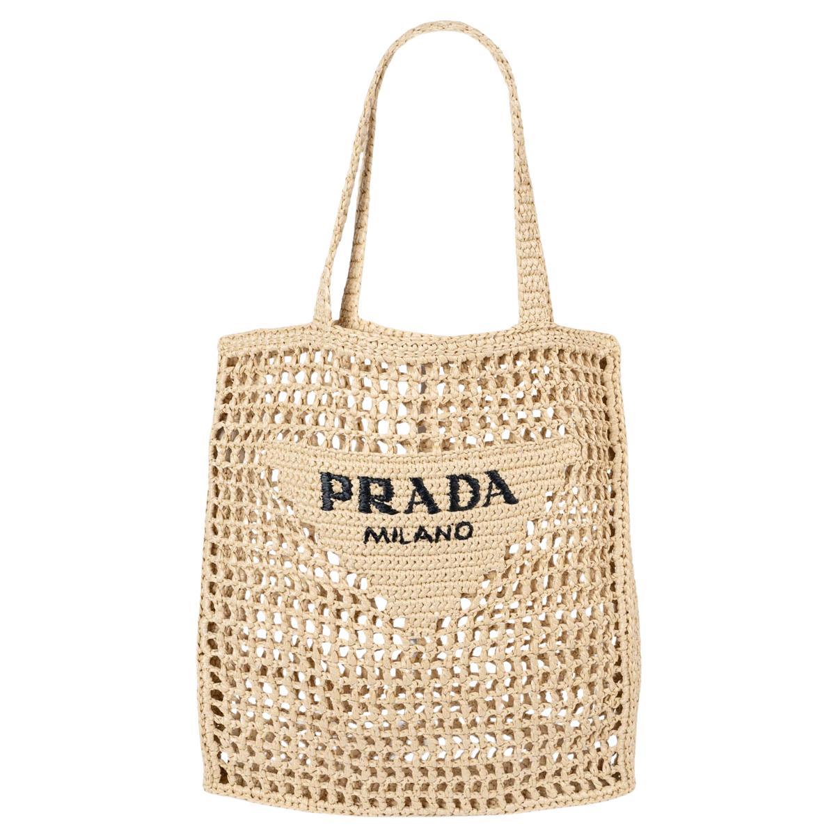 PRADA natural raffia LOGO CROCHET Tote Bag For Sale