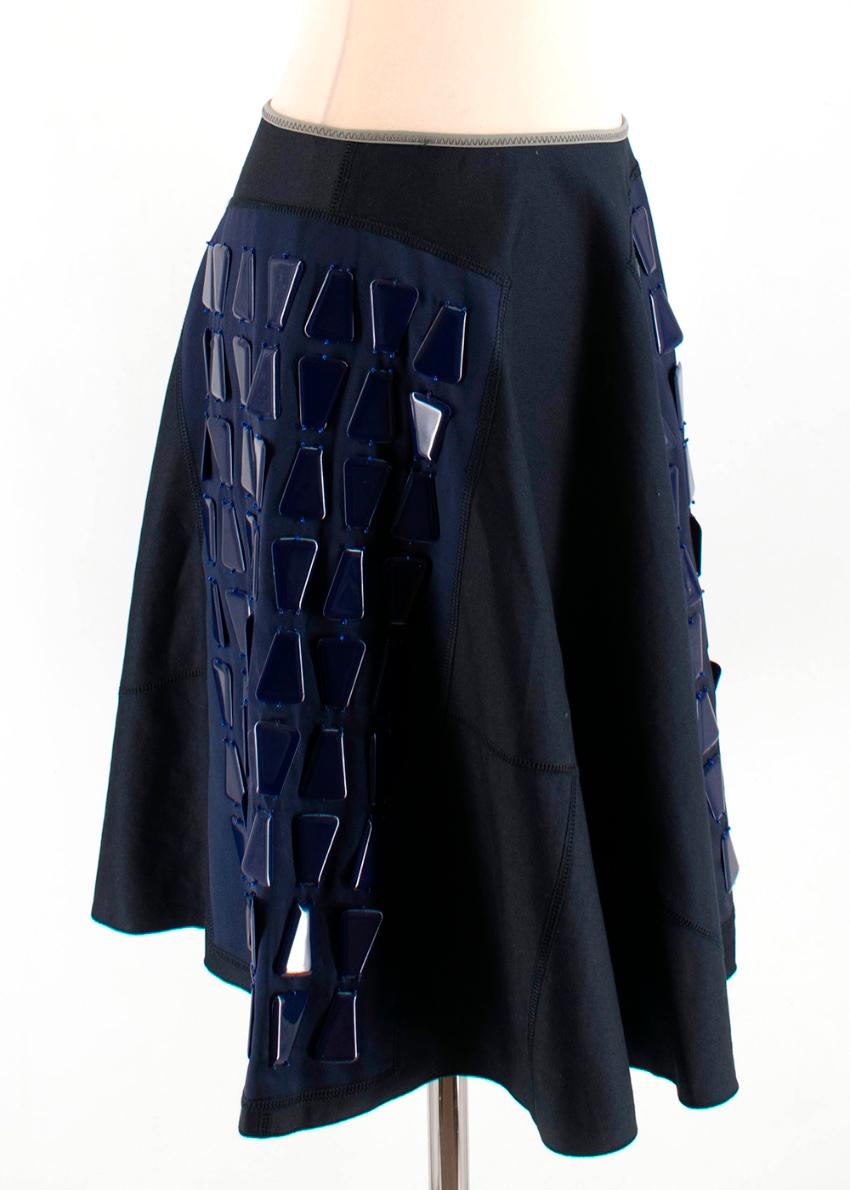 Prada Navy A-line Geometric Embellished Skirt

-Navy cotton body
- Aline fit
-Mid weight
- plastic geometric patch embellishment 
- contrast waistband 

Please note, these items are pre-owned and may show signs of being stored even when unworn and