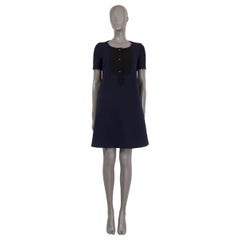 PRADA navy blue & black PLASTRON SHORT SLEEVE A-LINE Dress 40 S