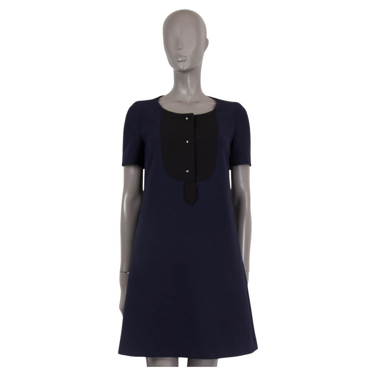 PRADA navy blue & black PLASTRON SHORT SLEEVE A-LINE Dress 40 S For Sale