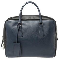 Prada Navy Blue/Black Saffiano Lux Leather Travel Briefcase