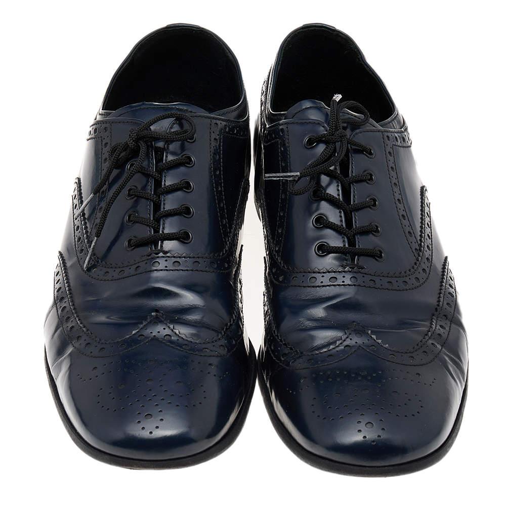 Prada Navy Blue Brogue Leather Lace Up Oxfords Size 44 For Sale 2