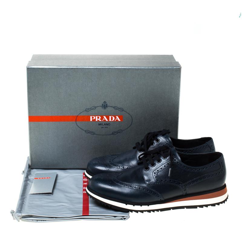 Prada Navy Blue Brogue Leather Wingtip Lace Up Oxfords Size 42.5 3
