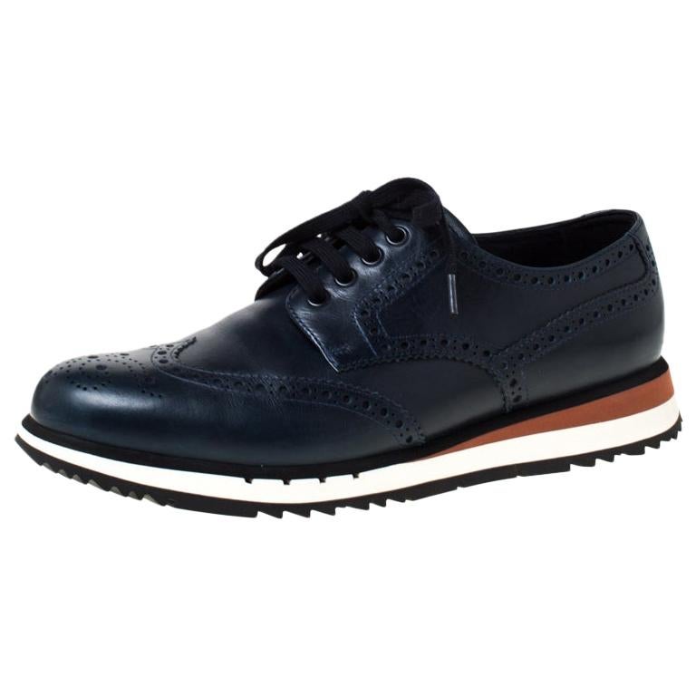 Prada Navy Blue Brogue Leather Wingtip Lace Up Oxfords Size 42.5