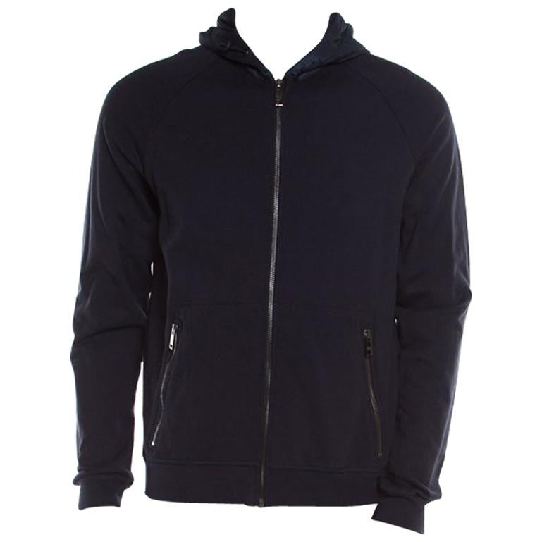 Prada Navy Blue Cotton Jersey Zip Front Felpa Blouson Hoodie L