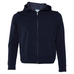 Prada Navy Blue Cotton Knit Hooded Jacket XL