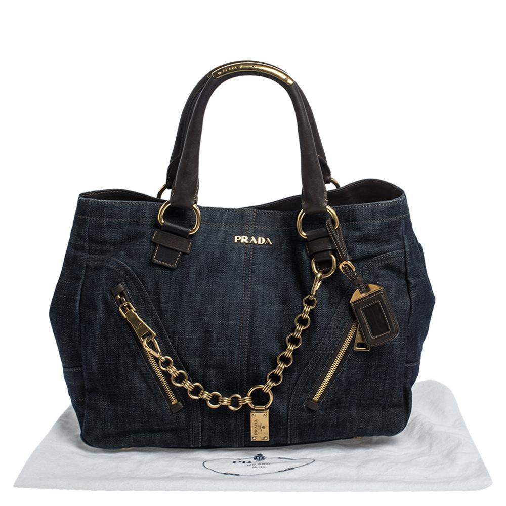 Prada Navy Blue Denim and Leather Chain Link Tote 7
