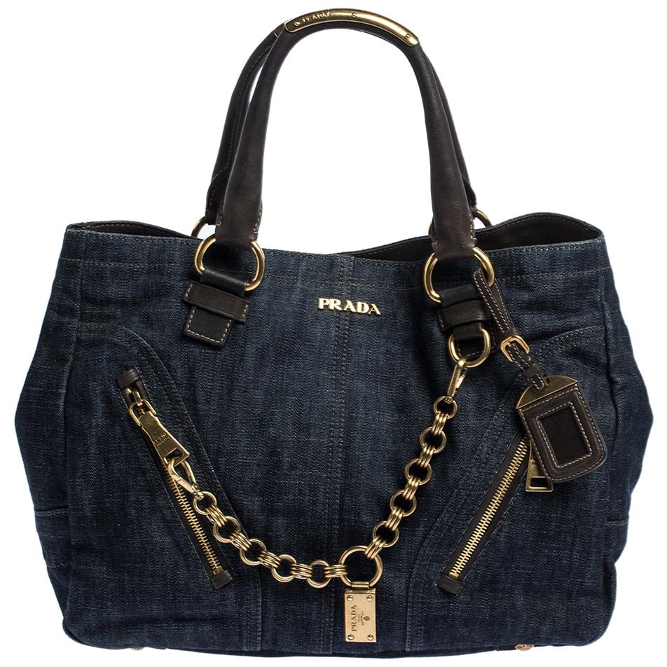 Prada Navy Blue Denim and Leather Chain Link Tote